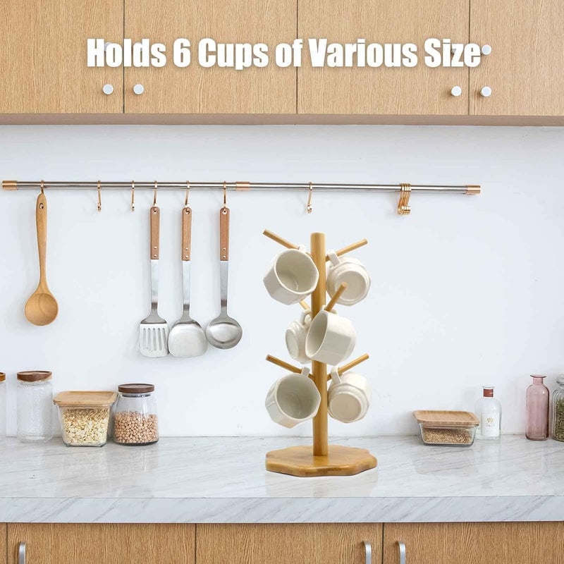 Gihunk Bamboo Countertop Mug Tree Stand with 6 Hooks, Octagon Base Coffee Cup Tree - Image 2